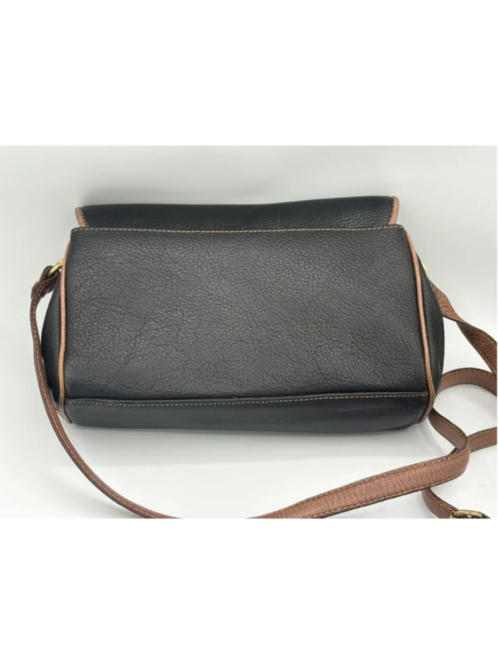 Vintage Liz Claiborne Black Pebbled Leather Crossbody Bag with Brown Trim
